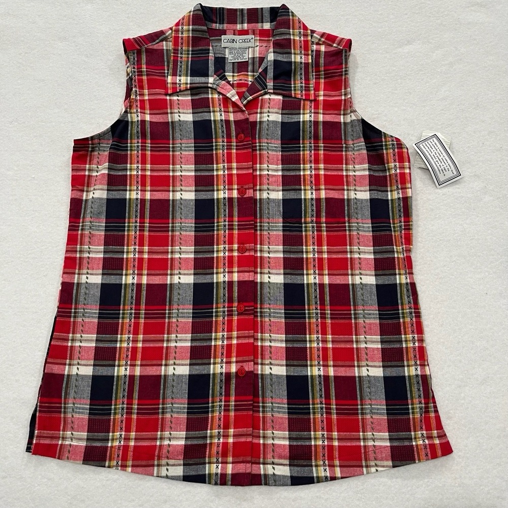 Cabin Creek Women's Medium Red Blue Plaid Sleeveless Button Shirt L VTG NWT